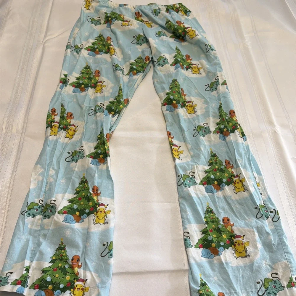 Pokemon Christmas Pajama Pants Mens Blue Holiday Pikachu Bulbasaur Squirtle L